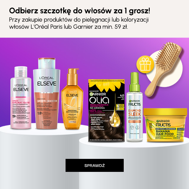 Przy zakupie produktów do pielęgnacji lub koloryzacji włosów marek Loreal Paris i Garnier za min 59zł otrzymasz sczotkę do włosów