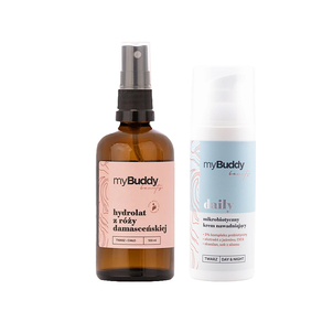 myBuddy Zestaw Hydrolat z Róży Damasceńskiej 100ml + myBuddy daily Mikrobiotyczny Krem Nawadniający 50ml myBuddy Zestaw Hydrolat z Róży Damasceńskiej 100ml + myBuddy daily Mikrobiotyczny Krem Nawadniający 50ml