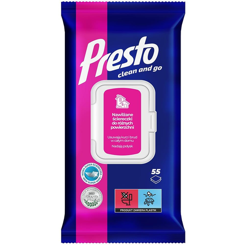 Presto Clean and Go Nawilżane Ściereczki do Różnych Powierzchni 55 Sztuk