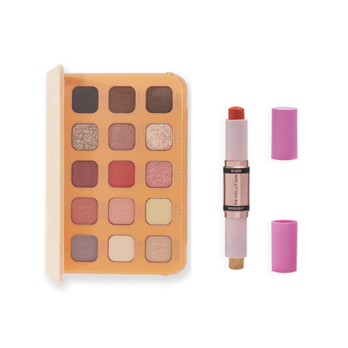 Makeup Revolution Zestaw Maffashion Paleta Cieni My Beauty Diary 2.0 + Róż i Rozświetlacz w Sticku Coral Dew